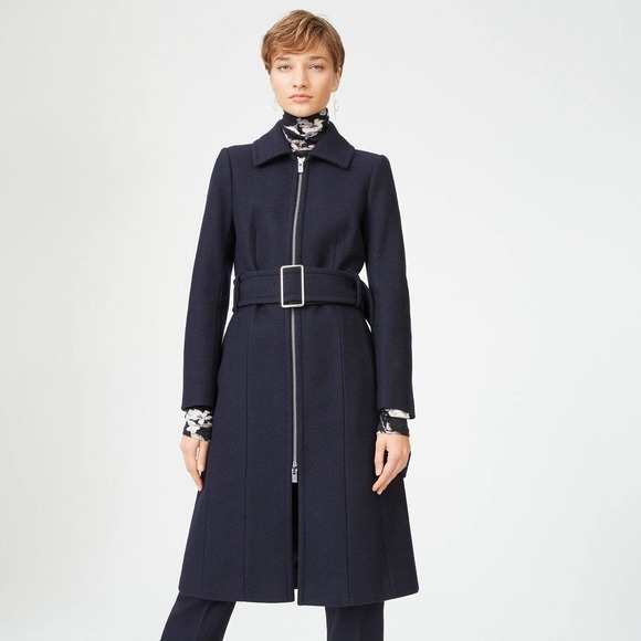 New Club Monaco Womens Vittoriah Coat Overcoat Zip Wool Blend Belt Navy Blue XS